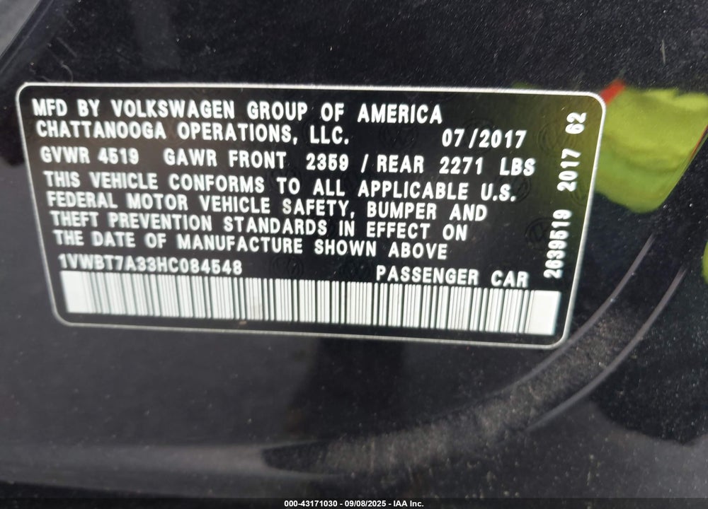 2017 VOLKSWAGEN PASSAT 1.8T SE VIN: 1VWBT7A33HC084548