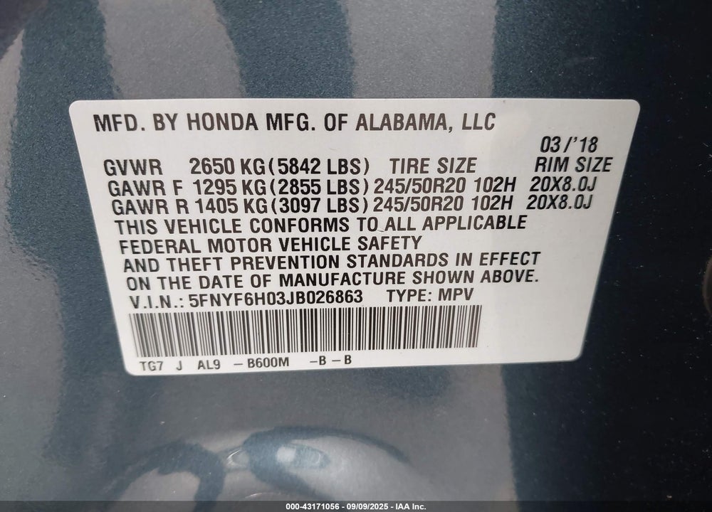 2018 HONDA PILOT ELITE VIN: 5FNYF6H03JB026863