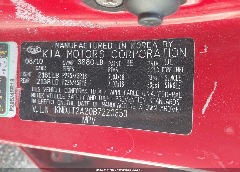 2011 KIA SOUL SPORT VIN: KNDJT2A20B7220353