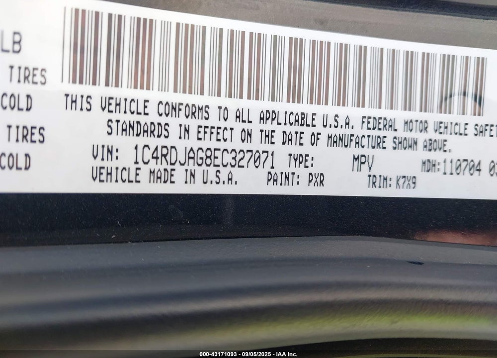 2014 DODGE DURANGO SXT VIN: 1C4RDJAG8EC327071