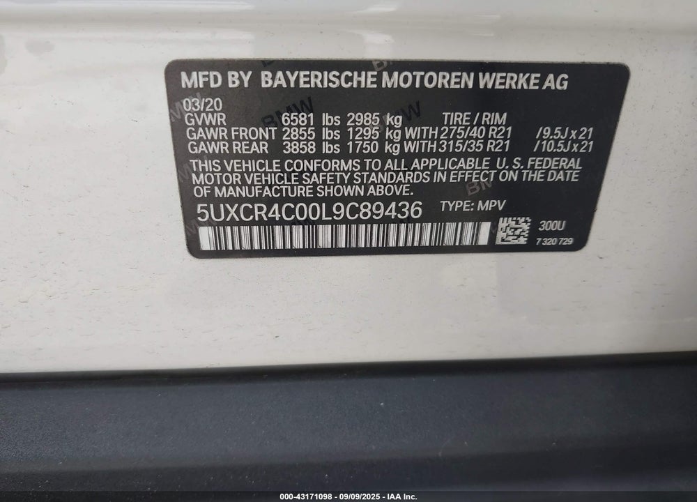 2020 BMW X5 VIN: 5UXCR4C00L9C89436