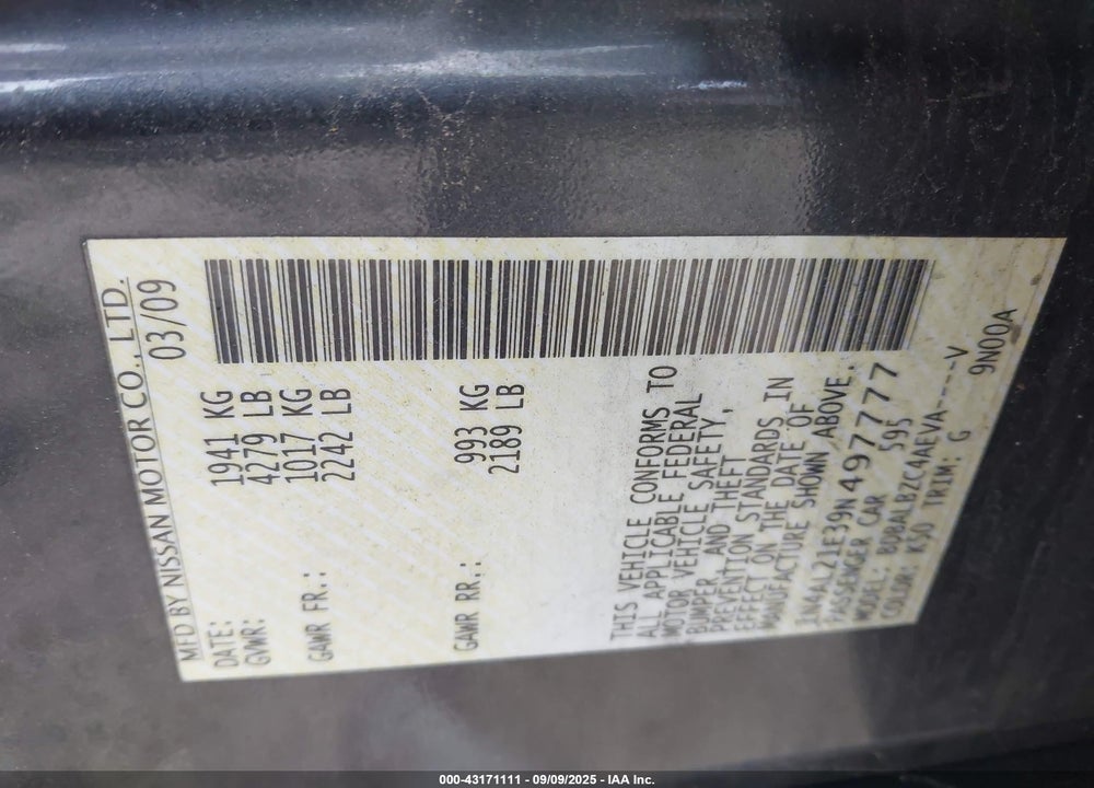 2009 NISSAN ALTIMA VIN: 1N4AL21E39N497777