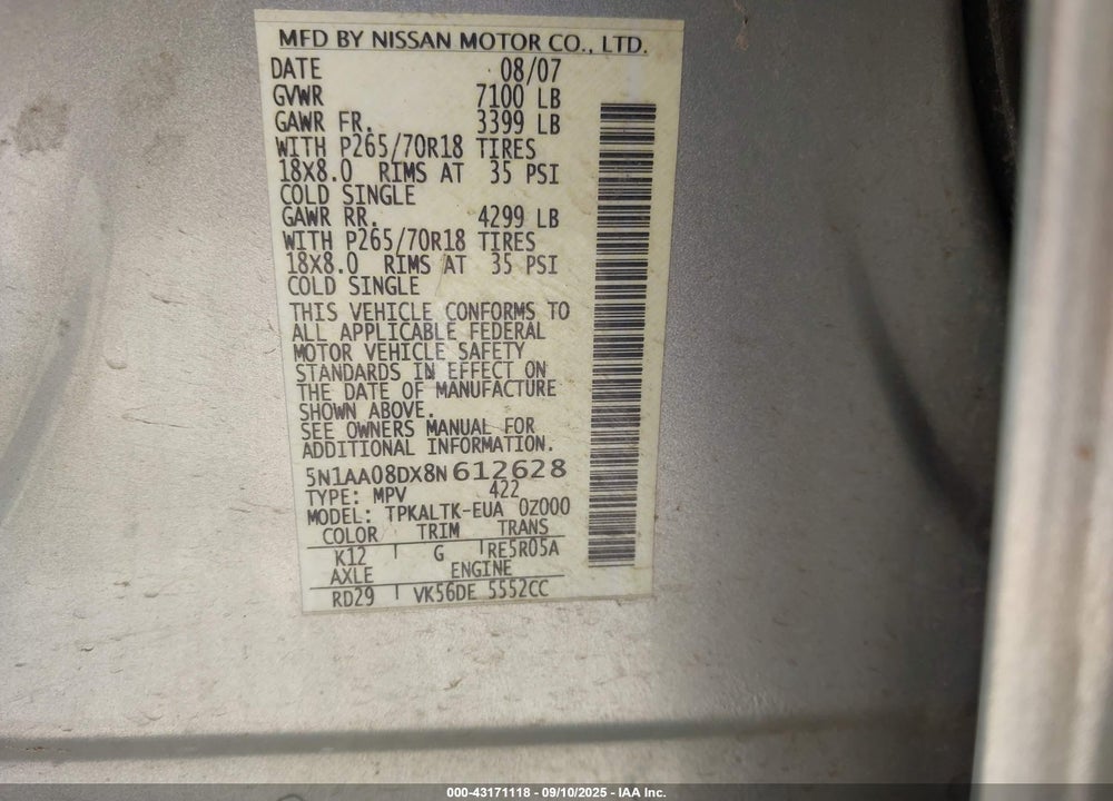 2008 NISSAN ARMADA SE VIN: 5N1AA08DX8N612628