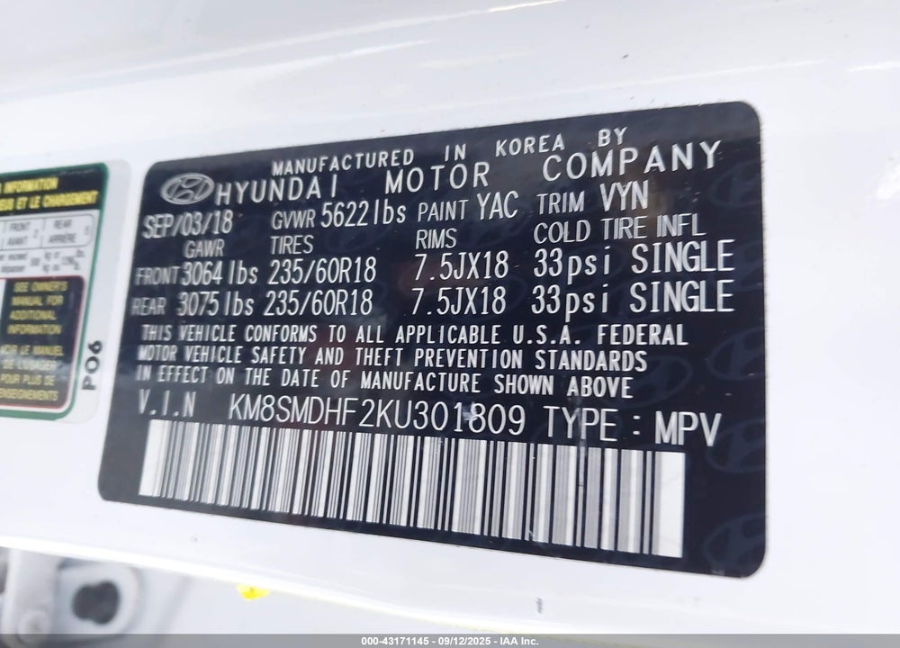 2019 HYUNDAI SANTA FE VIN: KM8SMDHF2KU301809