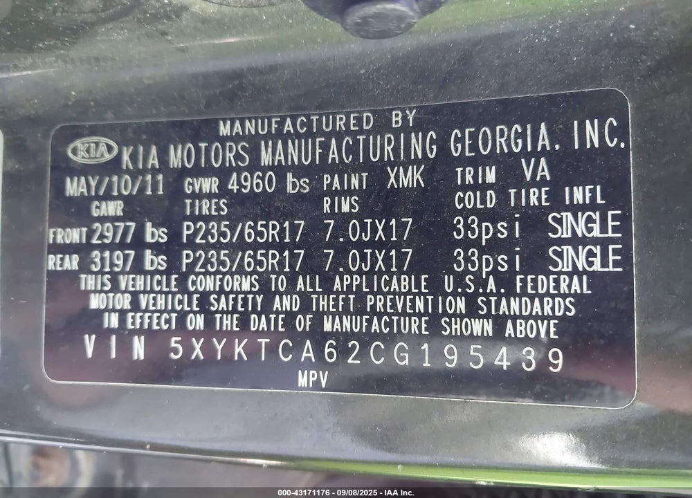 2012 KIA SORENTO VIN: 5XYKTCA62CG195439