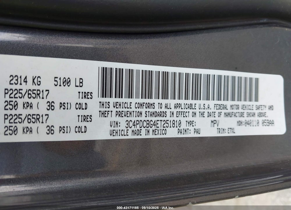 2014 DODGE JOURNEY VIN: 3C4PDCBG4ET251810