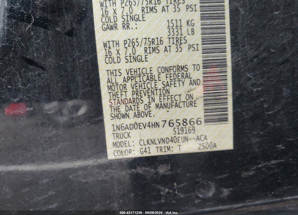 2017 NISSAN FRONTIER VIN: 1N6AD0EV4HN765866