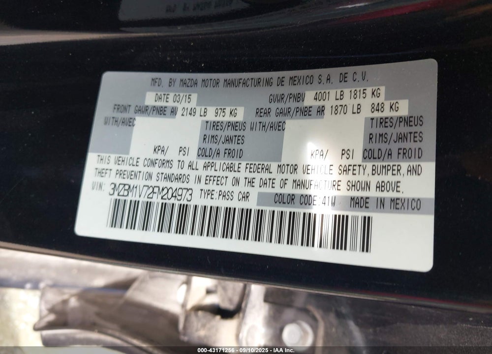 2015 MAZDA 3 VIN: 3MZBM1V72FM204973