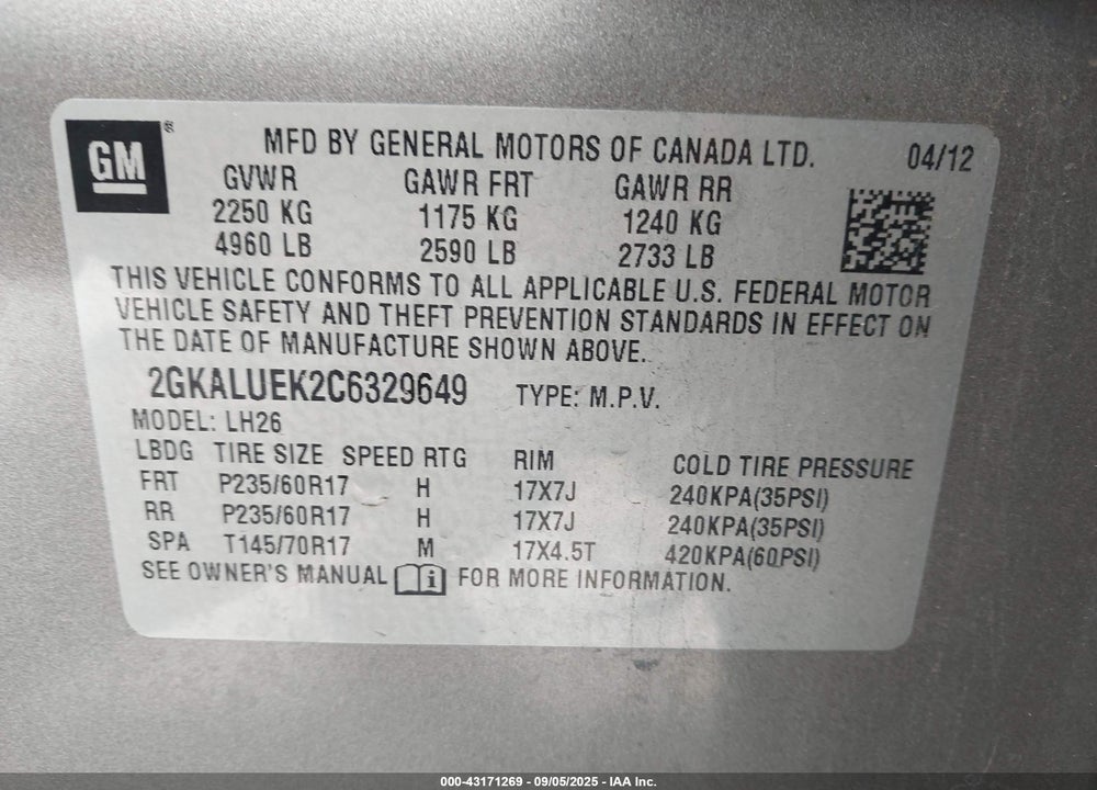 2012 GMC TERRAIN VIN: 2GKALUEK2C6329649