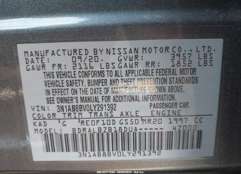 2020 NISSAN SENTRA VIN: 3N1AB8BV0LY291392