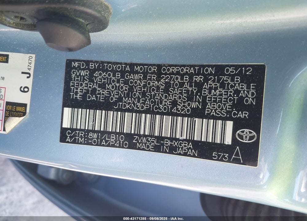 2012 TOYOTA PRIUS PLUG-IN VIN: JTDKN3DP1C3014320