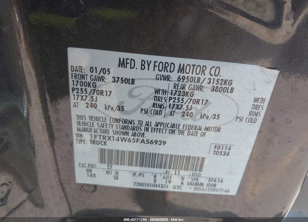 2005 FORD F-150 STX/XL/XLT VIN: 1FTRX14W65FA56939