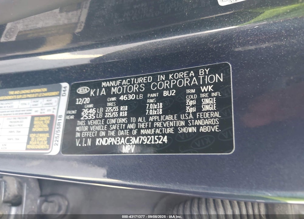 2021 KIA SPORTAGE VIN: KNDPN3AC3M7921524