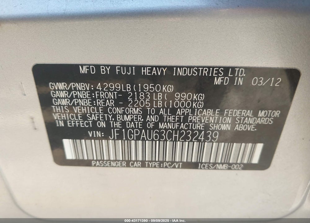 2012 SUBARU IMPREZA VIN: JF1GPAU63CH232439