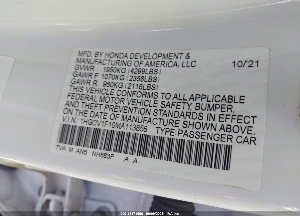 2021 HONDA ACCORD VIN: 1HGCV1F10MA113856