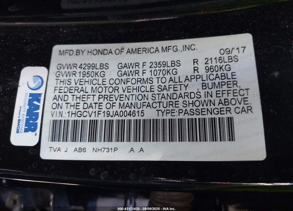 2018 HONDA ACCORD VIN: 1HGCV1F19JA004615