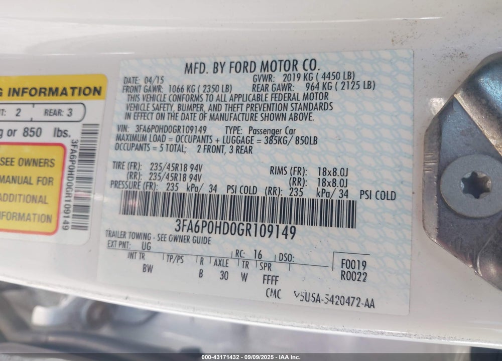 2016 FORD FUSION SE VIN: 3FA6P0HD0GR109149