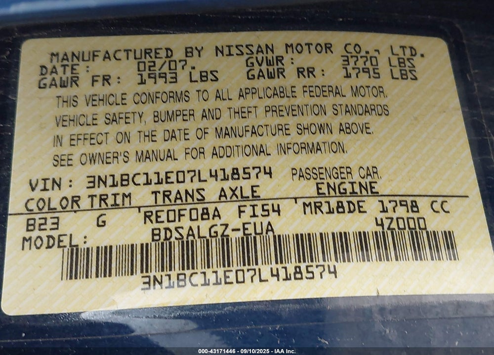 2007 NISSAN VERSA VIN: 3N1BC11E07L418574