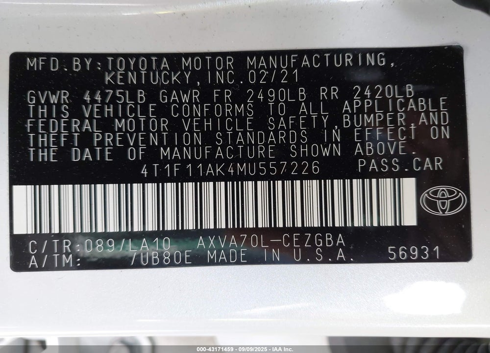 2021 TOYOTA CAMRY VIN: 4T1F11AK4MU557226