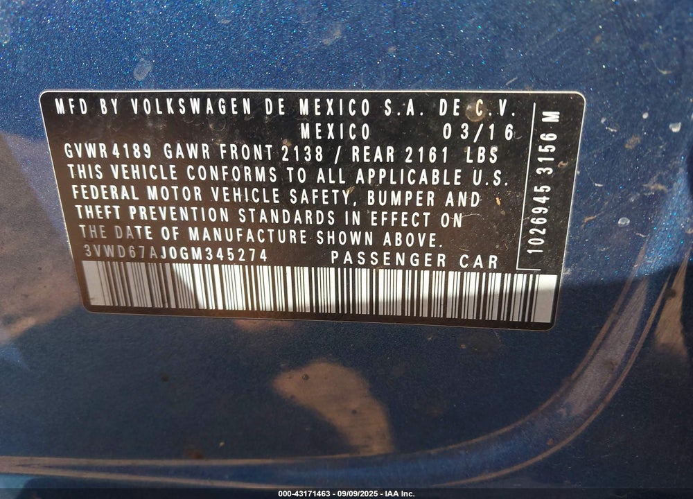 2016 VOLKSWAGEN JETTA VIN: 3VWD67AJ0GM345274