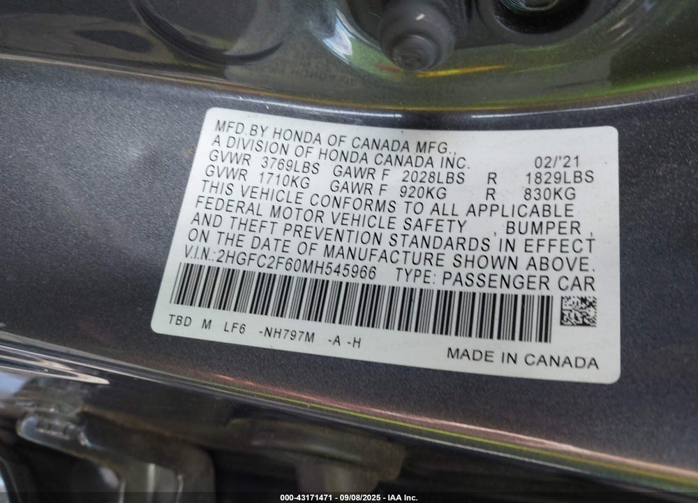 2021 HONDA CIVIC LX VIN: 2HGFC2F60MH545966