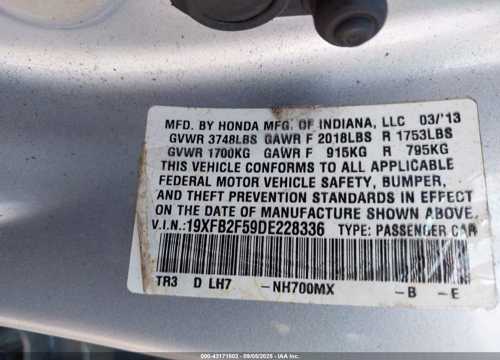 2013 HONDA CIVIC LX VIN: 19XFB2F59DE228336