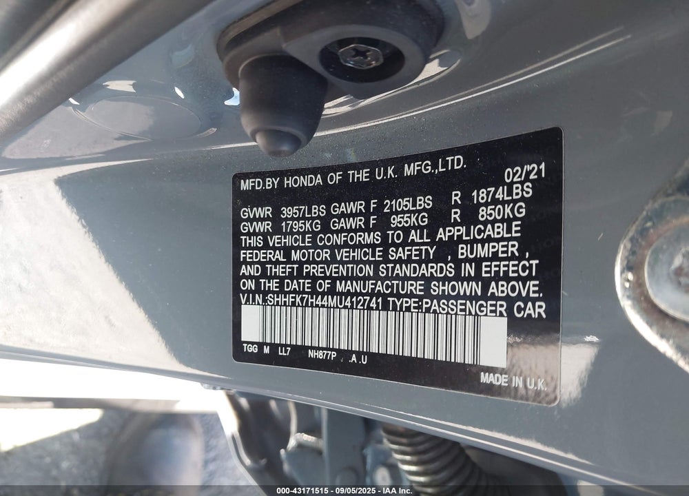2021 HONDA CIVIC SPORT VIN: SHHFK7H44MU412741