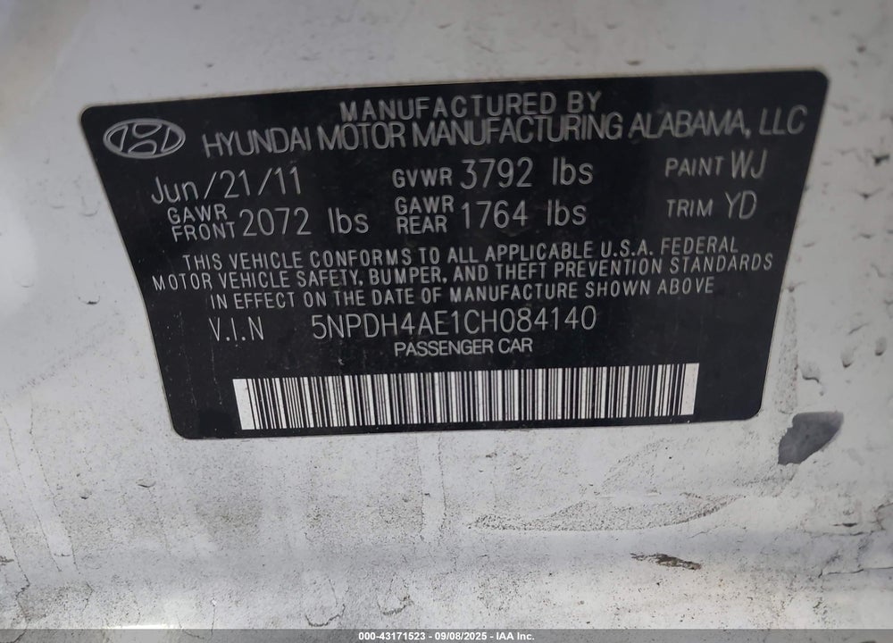 2012 HYUNDAI ELANTRA VIN: 5NPDH4AE1CH084140
