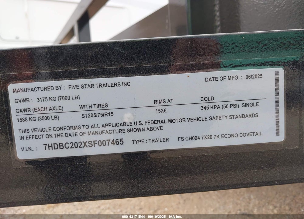 2025 FIVE STAR FLATBED TRAILER 20FT VIN: 7HDBC202XSF007465