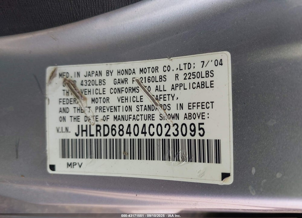 2004 HONDA CR-V LX VIN: JHLRD68404C023095