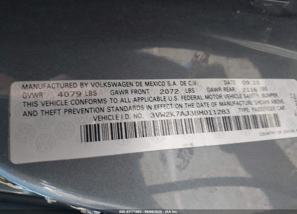 2011 VOLKSWAGEN JETTA VIN: 3VW2K7AJ3BM011283