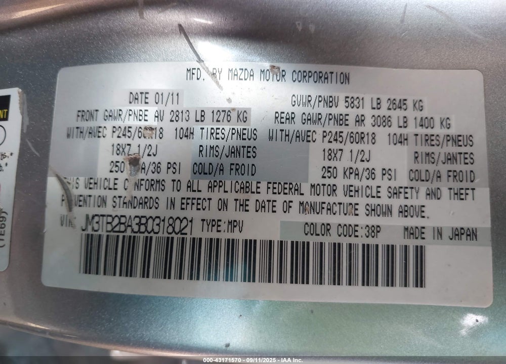 2011 MAZDA CX-9 VIN: JM3TB2BA3B0318021