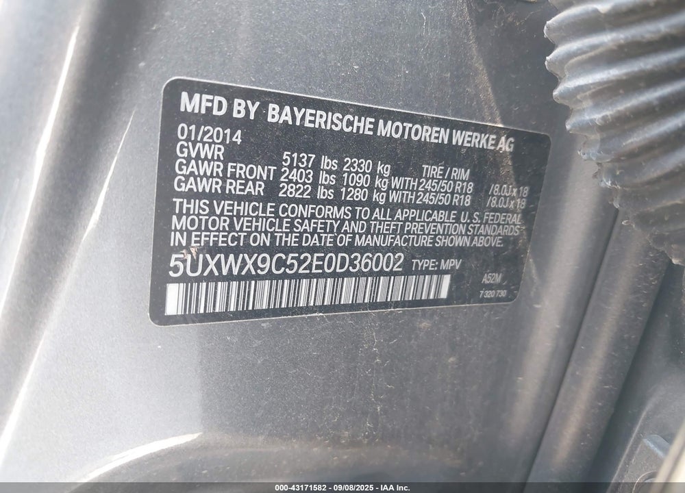 2014 BMW X3 XDRIVE28I VIN: 5UXWX9C52E0D36002