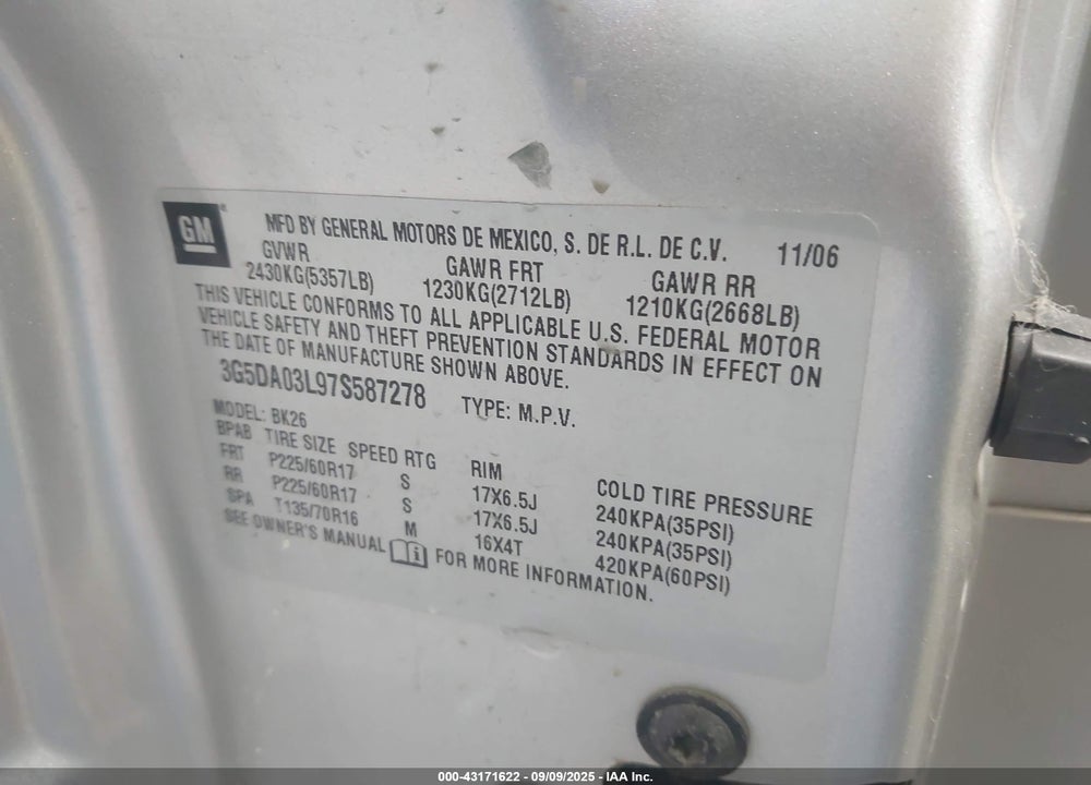2007 BUICK RENDEZVOUS CX VIN: 3G5DA03L97S587278