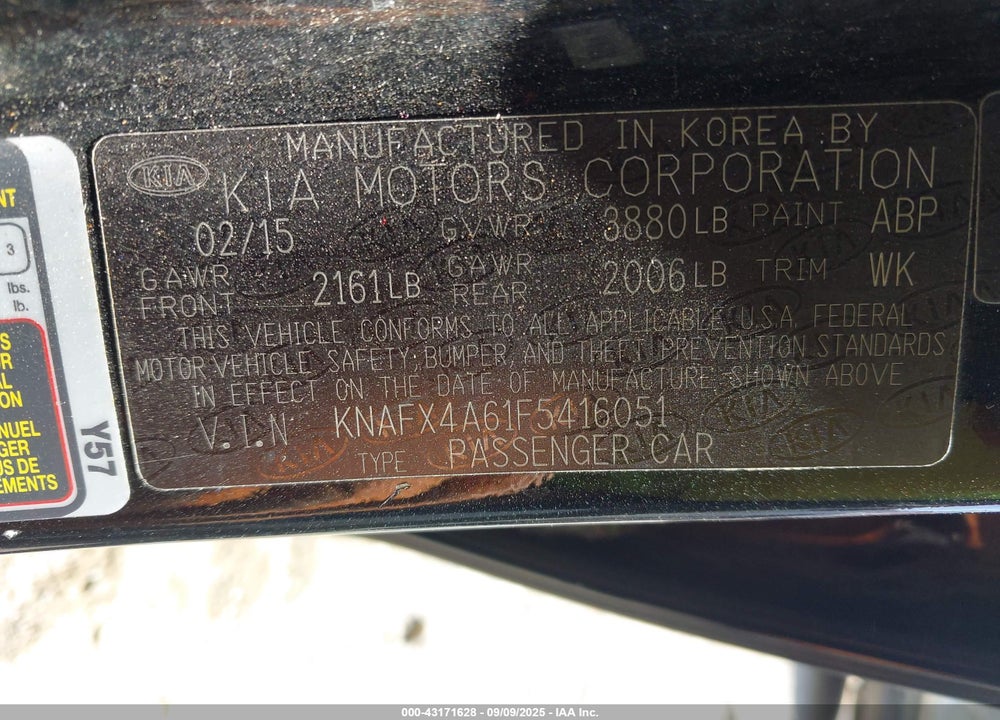 2015 KIA FORTE VIN: KNAFX4A61F5416051
