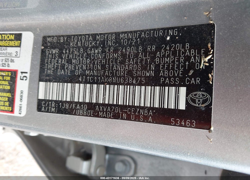2022 TOYOTA CAMRY LE VIN: 4T1C11AK8NU638475