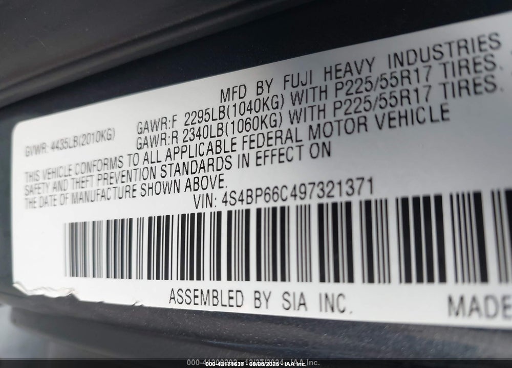 2009 SUBARU OUTBACK 2.5I LIMITED VIN: 4S4BP66C497321371