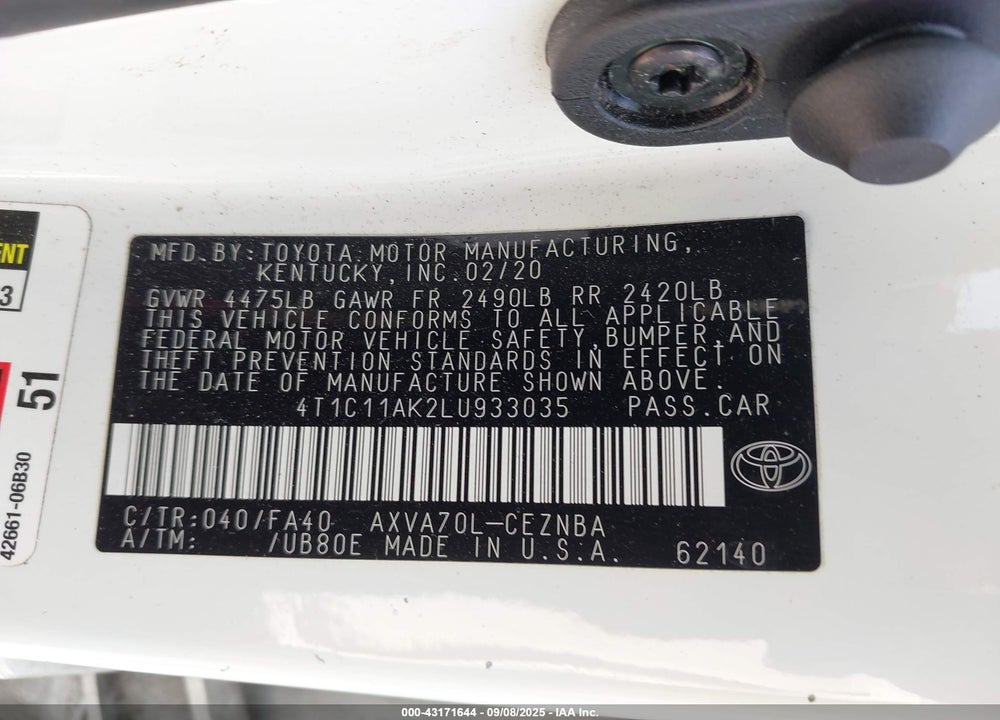 2020 TOYOTA CAMRY VIN: 4T1C11AK2LU933035