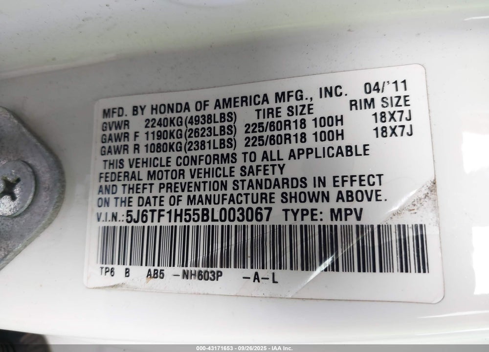 2011 HONDA ACCORD CROSSTOUR VIN: 5J6TF1H55BL003067
