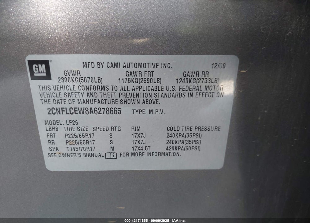 2010 CHEVROLET EQUINOX VIN: 2CNFLCEW8A6278665