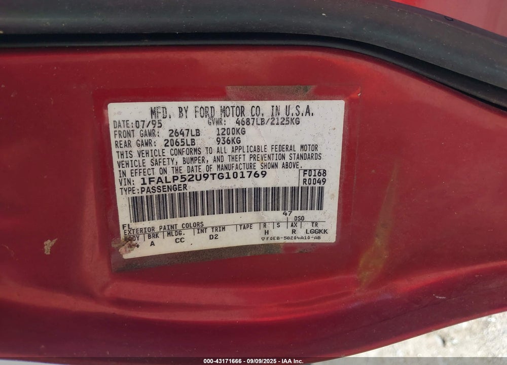 1996 FORD TAURUS GL VIN: 1FALP52U9TG101769
