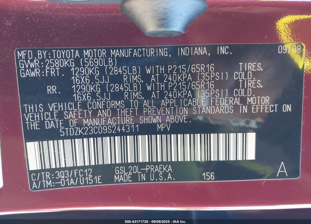 2009 TOYOTA SIENNA VIN: 5TDZK23C09S244311