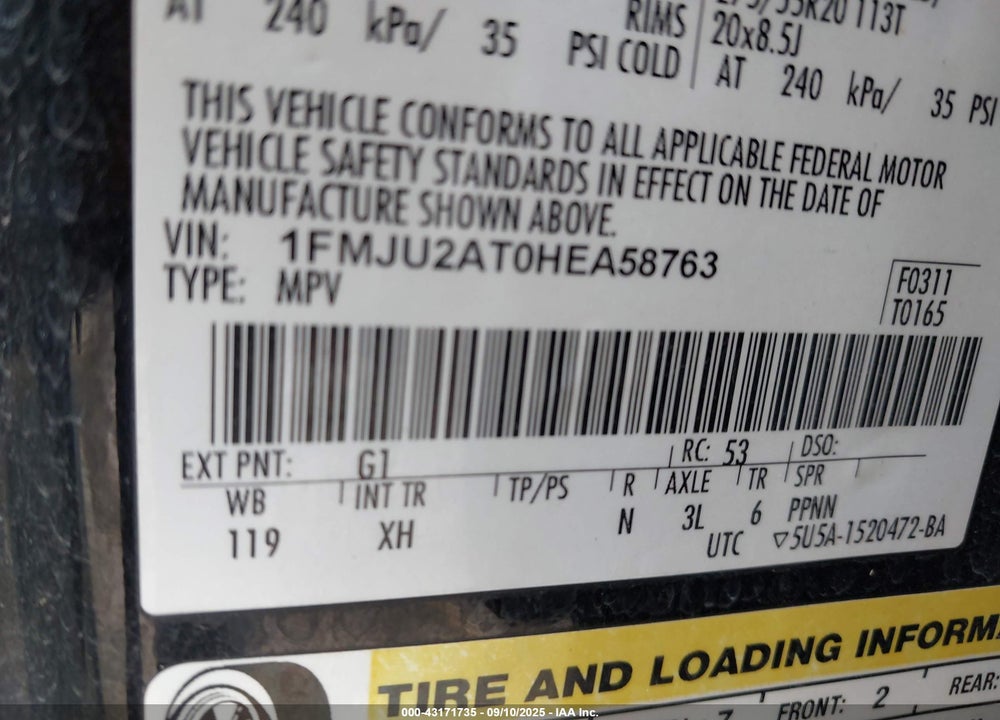 2017 FORD EXPEDITION LIMITED VIN: 1FMJU2AT0HEA58763