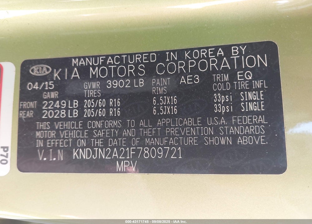 2015 KIA SOUL VIN: KNDJN2A21F7809721