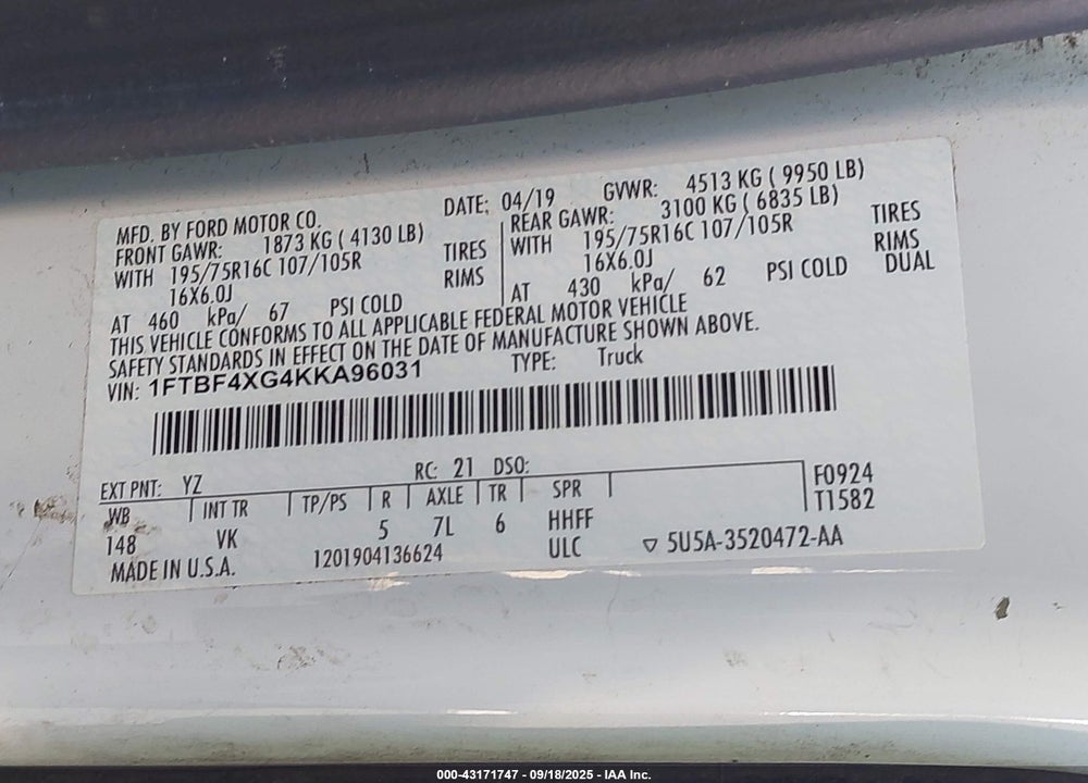 2019 FORD TRANSIT-350 VIN: 1FTBF4XG4KKA96031