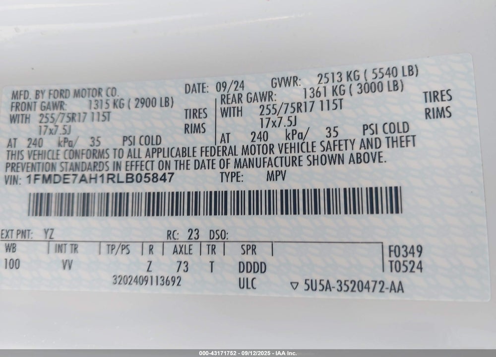 2024 FORD BRONCO VIN: 1FMDE7AH1RLB05847