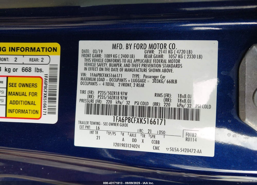 2019 FORD MUSTANG VIN: 1FA6P8CFXK5166171