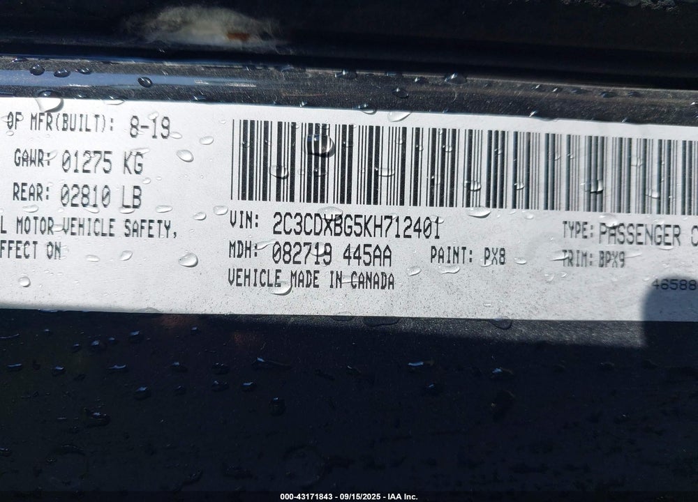 2019 DODGE CHARGER VIN: 2C3CDXBG5KH712401