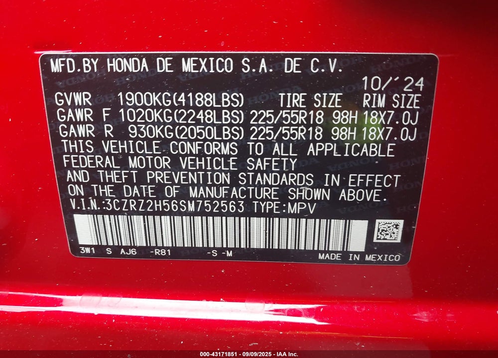 2025 HONDA HR-V VIN: 3CZRZ2H56SM752563