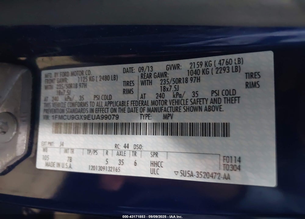 2014 FORD ESCAPE VIN: 1FMCU9GX9EUA99079